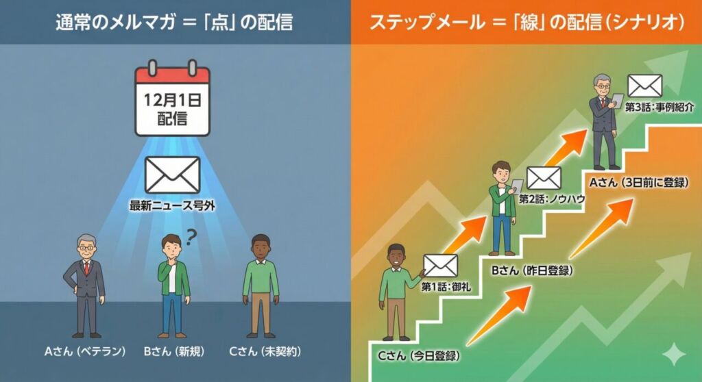 メルマガ（一斉配信）とステップメール（順次配信）の仕組み比較図。登録時期に関わらず順番に情報を届けるステップメールの「線」のアプローチ