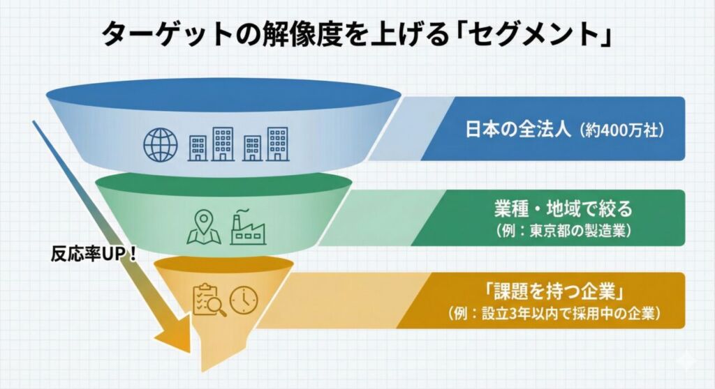 ターゲットセグメントの階層図。全法人から業種、地域、課題へと絞り込むことで、営業の反応率が高まる様子を表したファネル図
