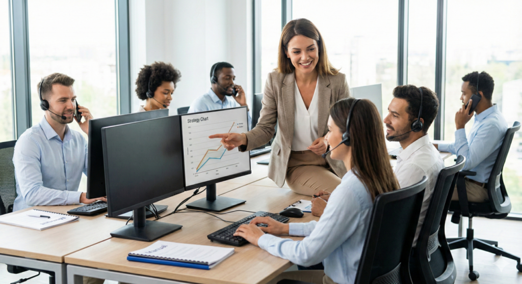 活気あるモダンなコールセンターで、ヘッドセットを付け笑顔でテレアポを行うオペレーターたち。組織的な営業体制とマニュアル運用の成功イメージ。