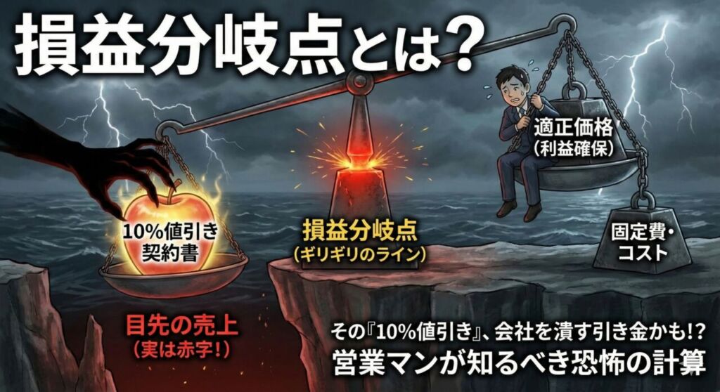 損益分岐点という崖っぷちで、安易な値引き（左）と適正価格の維持（右）のバランスを取ろうと苦闘する営業マンを描いたアイキャッチ画像。値引き側に天秤が傾き、赤字の危機が迫っている様子。