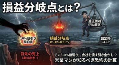 損益分岐点という崖っぷちで、安易な値引き（左）と適正価格の維持（右）のバランスを取ろうと苦闘する営業マンを描いたアイキャッチ画像。値引き側に天秤が傾き、赤字の危機が迫っている様子。