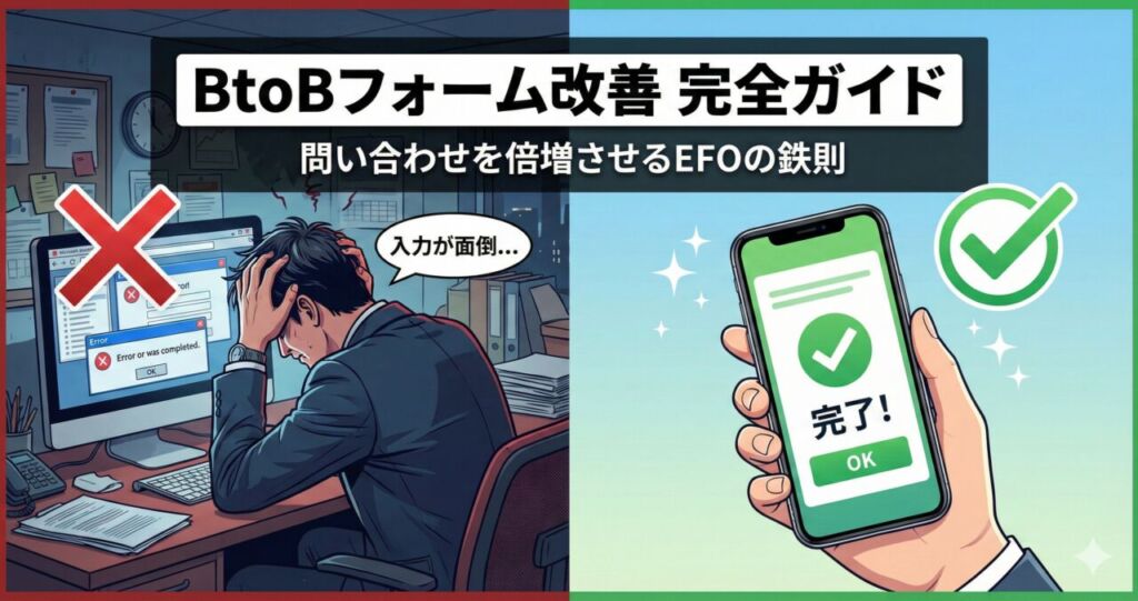 【アイキャッチ】BtoBフォーム改善完全ガイド。左側はパソコンの入力フォームに苦戦し頭を抱えるビジネスマン(ストレス)、右側はスマホでスムーズに入力完了した様子(成功)の対比図。「問い合わせを倍増させるEFOの鉄則」のタイトル文字。