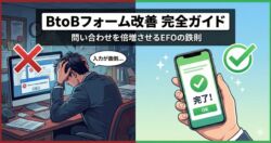 【アイキャッチ】BtoBフォーム改善完全ガイド。左側はパソコンの入力フォームに苦戦し頭を抱えるビジネスマン（ストレス）、右側はスマホでスムーズに入力完了した様子（成功）の対比図。「問い合わせを倍増させるEFOの鉄則」のタイトル文字。