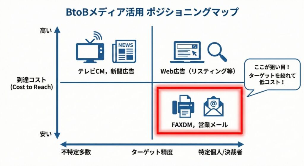 BtoBメディア活用ポジショニングマップの図。縦軸は到達コスト(高い/安い)、横軸はターゲット精度(不特定多数/特定個人)。テレビCMや新聞はコストが高く対象が広い一方、FAXDMと営業メールは決裁者にピンポイントで届き低コストであるため、赤枠で「狙い目」として強調表示されている。