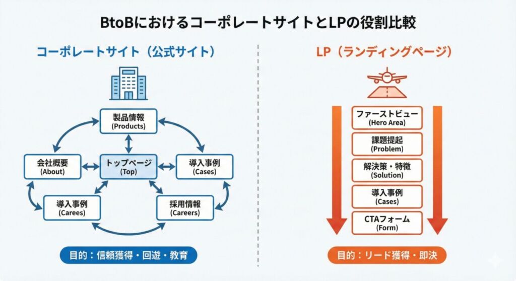 【図解】BtoBにおけるコーポレートサイト（公式サイト）とLP（ランディングページ）の役割比較。サイトは回遊させて信頼を作る場所、LPは1ページでリードを獲得する場所という構造と目的の違い。