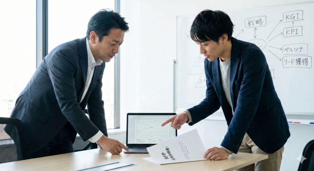 BtoBサイト制作の打ち合わせ風景。RFP（提案依頼書）とワイヤーフレームを見ながら戦略を議論する担当者とディレクター