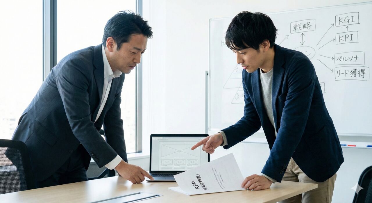 BtoBサイト制作の打ち合わせ風景。RFP（提案依頼書）とワイヤーフレームを見ながら戦略を議論する担当者とディレクター