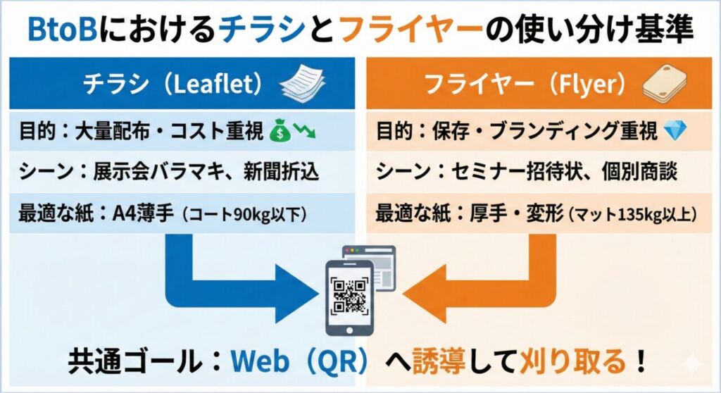 BtoBにおけるチラシとフライヤーの使い分け基準を示した比較図。左側はコスト重視のチラシ（薄紙）、右側はブランディング重視のフライヤー（厚紙）の特徴と利用シーンを解説。