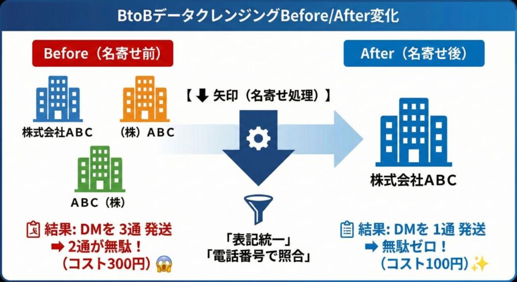 名寄せによるコスト削減の仕組み図解。株式会社と(株)などの表記ゆれを統一し、DMの二重発送を防ぐBefore After比較