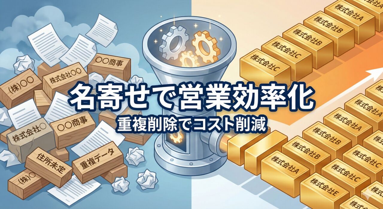 名寄せ（データクレンジング）のイメージ図。バラバラの顧客データを統合し、営業リストを最適化する様子