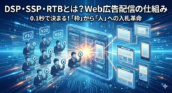 DSP・SSP・RTBの仕組み図解｜広告主（DSP）とメディア（SSP）をつなぐ0.1秒のリアルタイム入札（RTB）のイメージ