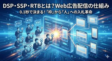 DSP・SSP・RTBの仕組み図解｜広告主（DSP）とメディア（SSP）をつなぐ0.1秒のリアルタイム入札（RTB）のイメージ