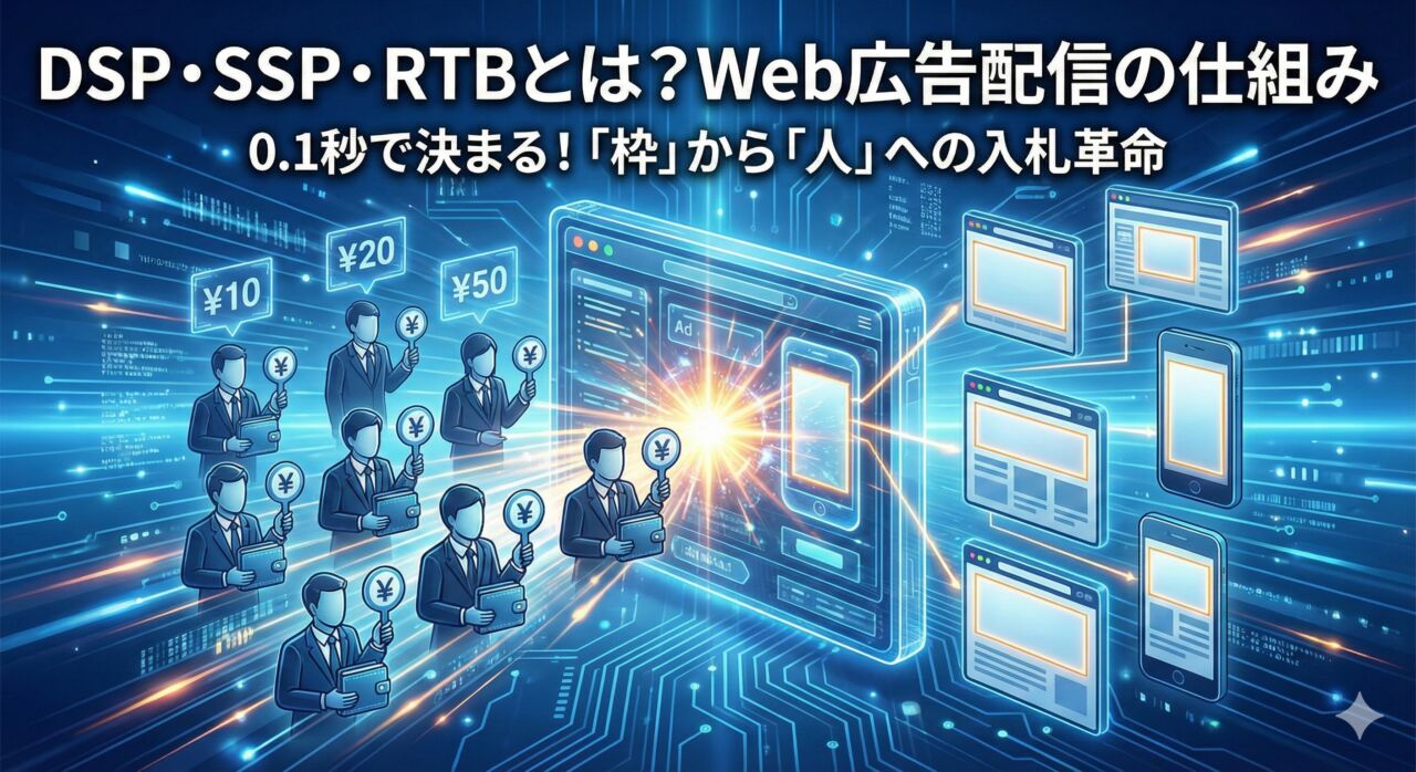 DSP・SSP・RTBの仕組み図解｜広告主（DSP）とメディア（SSP）をつなぐ0.1秒のリアルタイム入札（RTB）のイメージ