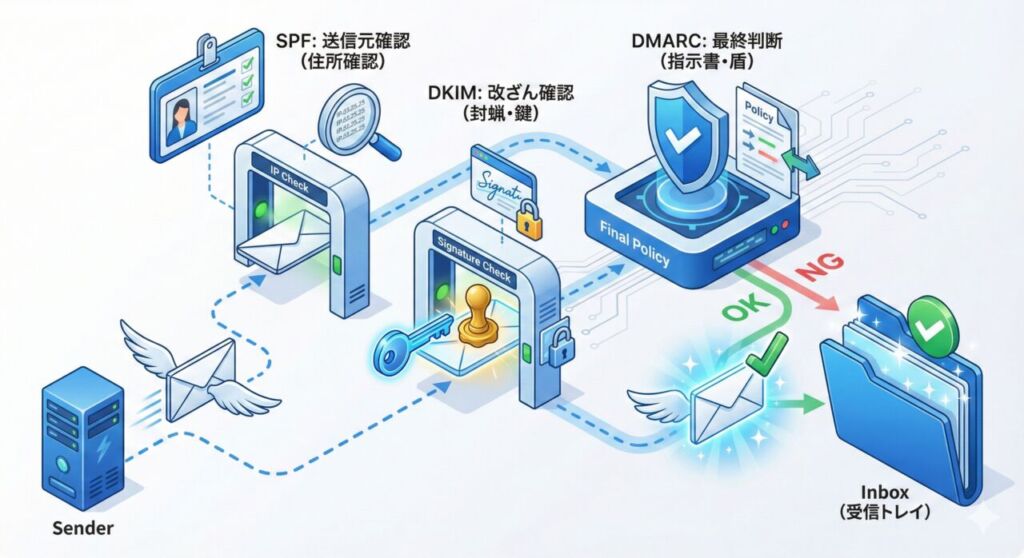 SPF・DKIM・DMARCの連携図解。送信元確認(SPF)、改ざん確認(DKIM)、最終判断(DMARC)の3段階を経て受信トレイに届く仕組み。