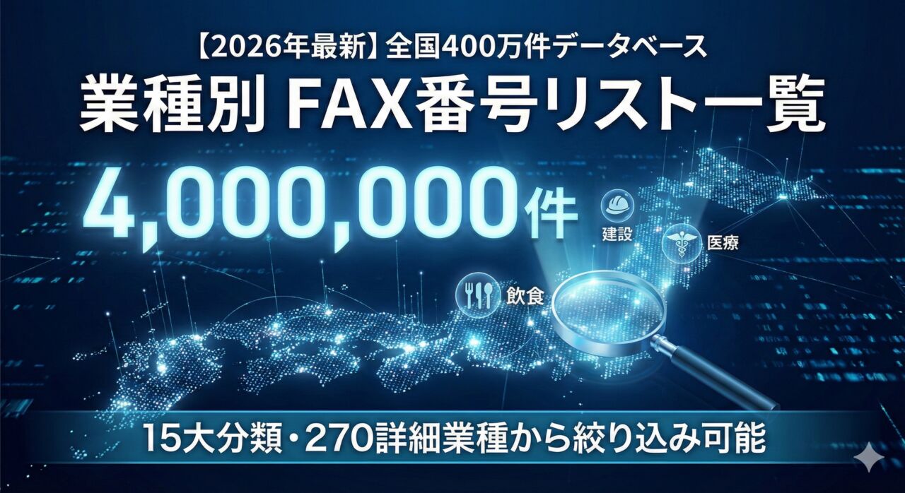 日本全国400万件の企業・個人事業主を網羅したFAX番号データベース。建設、飲食、医療など270業種からターゲットを絞り込めるリスト一覧のイメージ画像。