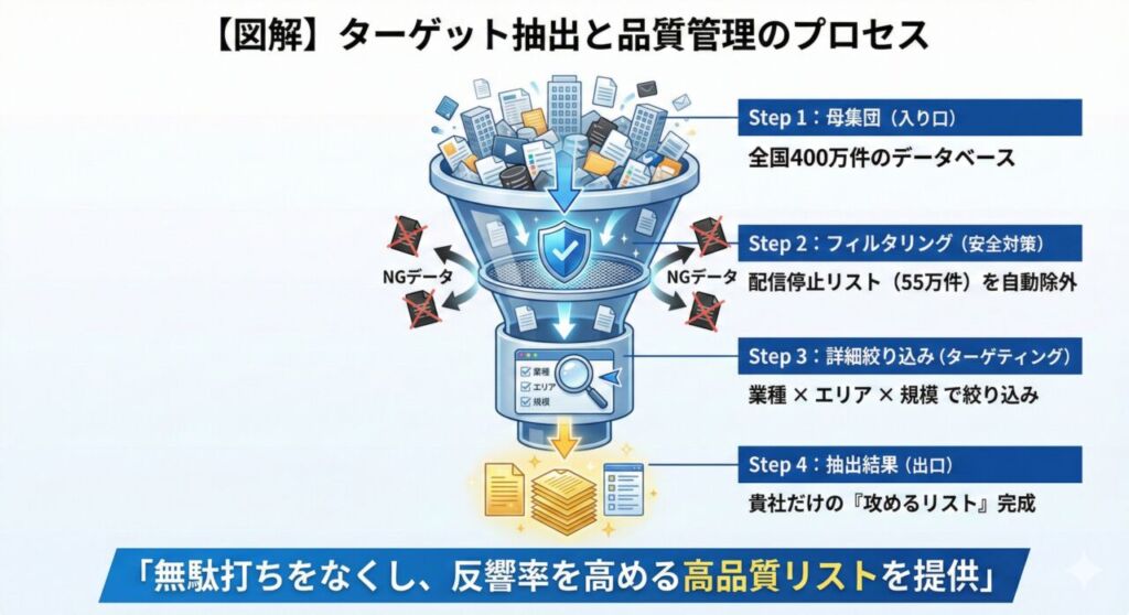 全国400万件のデータから、配信停止先を除外し、業種やエリアで絞り込むことで、高品質なFAX配信リストを作成するプロセスの図解。