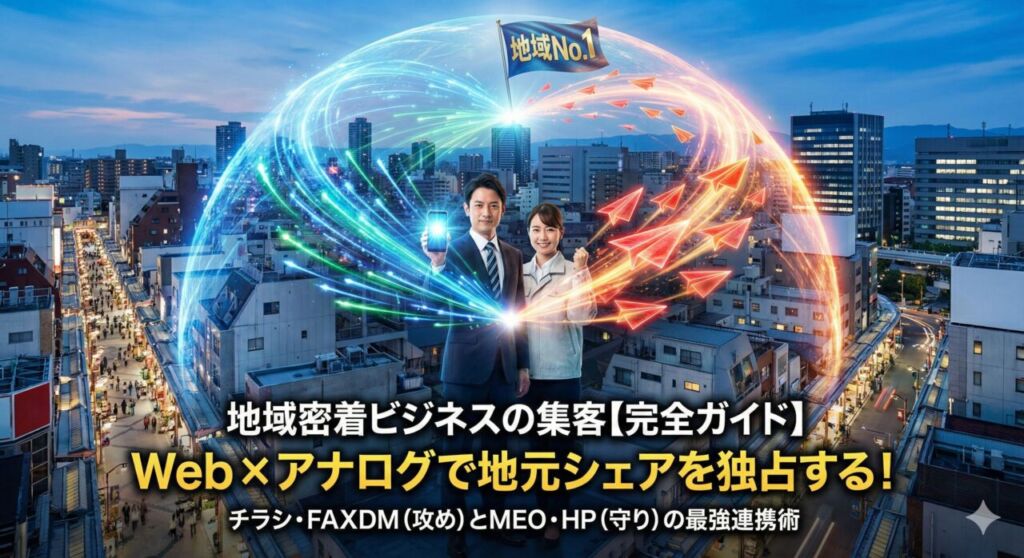 地域密着ビジネスの集客完全ガイドのアイキャッチ画像。Web(MEO・HP)を表すデジタル光と、アナログ(チラシ・FAXDM)を表す赤い紙飛行機が融合し、街全体を包み込んで「地域No.1」の旗を立てる様子。テキスト「Web×アナログで地元シェアを独占する!」。