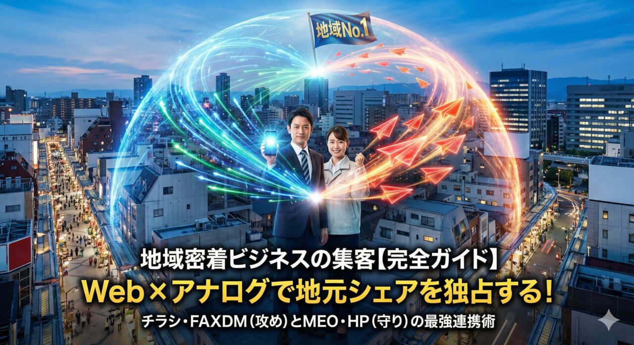 地域密着ビジネスの集客完全ガイドのアイキャッチ画像。Web（MEO・HP）を表すデジタル光と、アナログ（チラシ・FAXDM）を表す赤い紙飛行機が融合し、街全体を包み込んで「地域No.1」の旗を立てる様子。テキスト「Web×アナログで地元シェアを独占する！」。