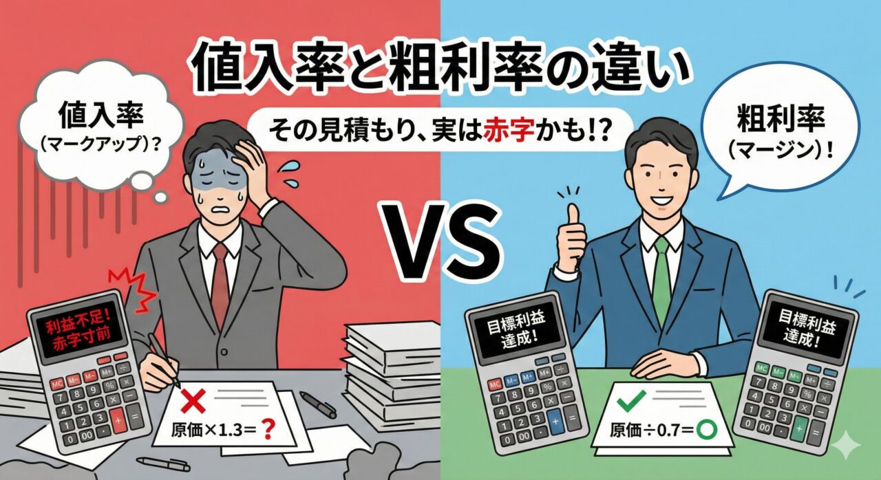 値入率と粗利率の違いを理解せず計算ミスをして焦る営業マン（左）と、正しく粗利率で計算して目標利益を達成し喜ぶ営業マン（右）の対比イラスト。