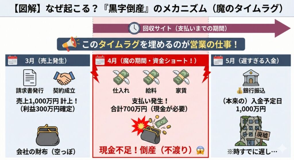 売上計上（3月）から実際の入金（5月）までの間に、支払い（4月）が発生することで資金ショートし、黒字倒産に至るタイムラグのメカニズムを図解したタイムライン。