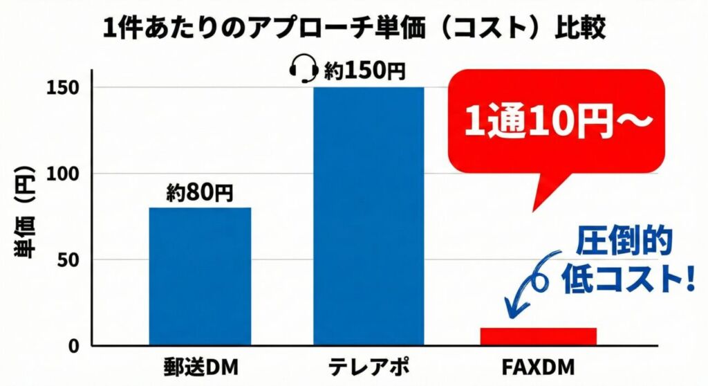 1件あたりのアプローチ単価比較の棒グラフ。郵送DMは約80円、テレアポは約150円に対し、FAXDMは赤色のバーで「1通10円〜」と強調されており、他媒体に比べて圧倒的に低コストであることが示されている。