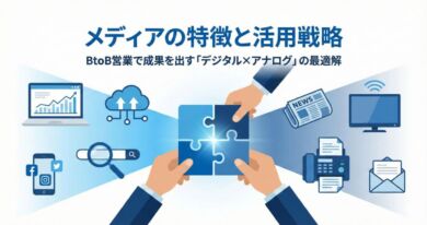 メディアの特徴と活用戦略のアイキャッチ画像。左側にデジタル（Web・SNS）、右側にアナログ（FAX・テレビ）のアイコンが配置され、中央でビジネスマンがパズルのピースを組み合わせて融合させているイラスト。BtoB営業で成果を出す「デジタル×アナログ」の最適解。