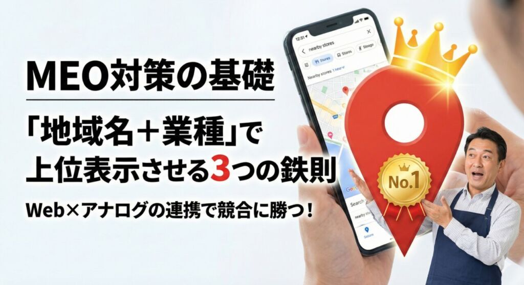 MEO対策の基礎アイキャッチ画像。スマホのGoogleマップ画面から王冠とNo.1メダルの付いた赤ピンが飛び出し、驚く店舗オーナーの写真。テキスト「地域名+業種で上位表示させる3つの鉄則」「Web×アナログの連携で競合に勝つ!」