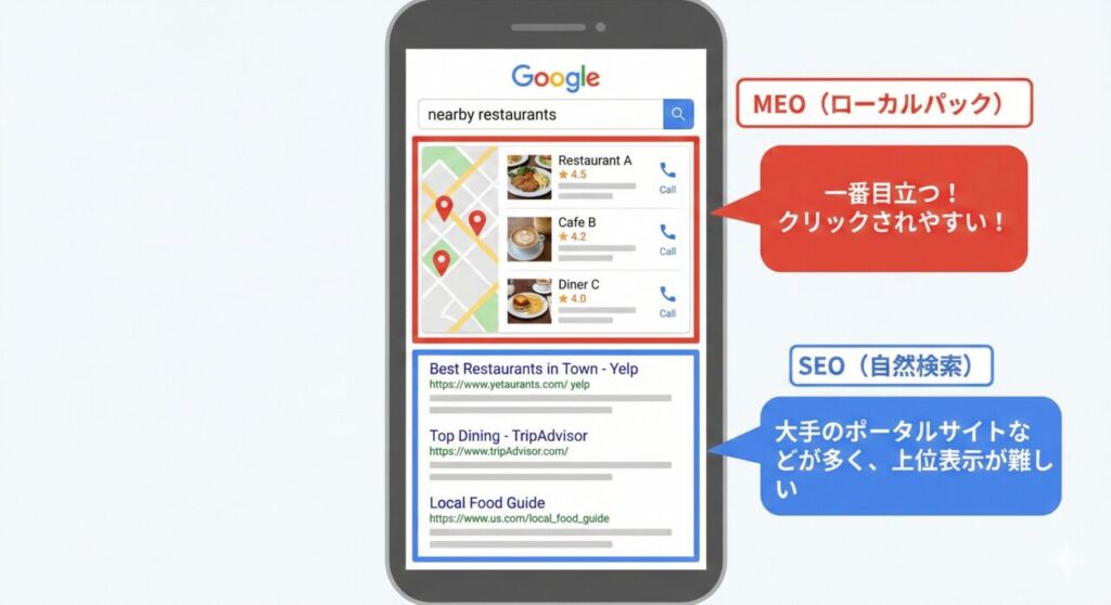 Google検索結果におけるMEO(ローカルパック)とSEO(自然検索)の表示位置の違いを示す図解。上部の赤枠MEOは地図付きで目立ち「クリックされやすい」、下部の青枠SEOは「大手のポータルサイトなどが多く上位表示が難しい」と解説されている。