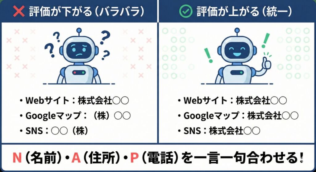 MEO対策におけるNAP情報(名前・住所・電話番号)統一の比較図解。左側は「株式会社」と「(株)」の表記ゆれがあり評価が下がるNG例、右側は全て「株式会社○○」で統一され評価が上がるOK例。AIの認識の違いと、一言一句合わせる重要性が示されている。