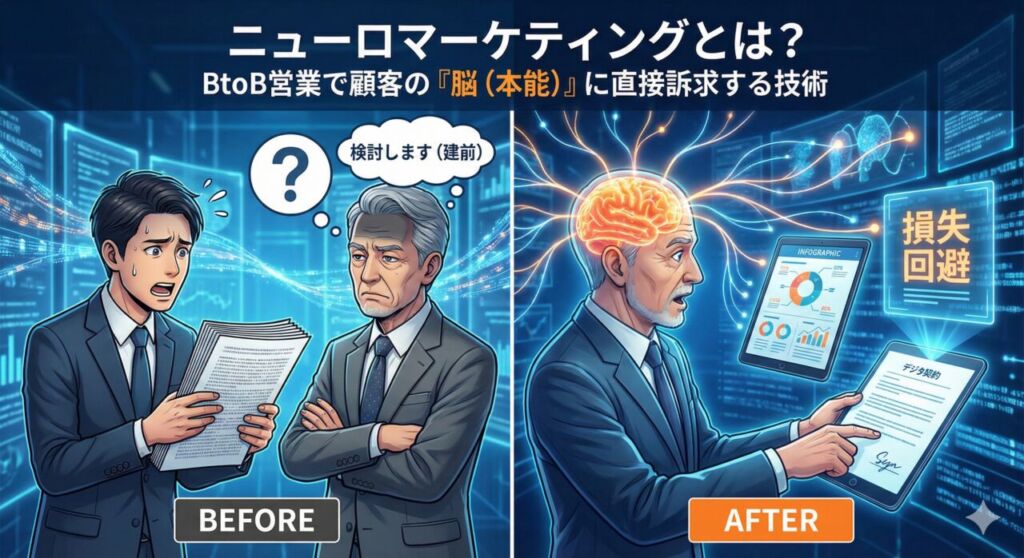 ニューロマーケティングの概念図。従来の営業手法で反応しなかったBtoB決裁者の脳が、脳科学的なアプローチ（視覚刺激や損失回避の訴求）によって活性化し、契約行動を起こす様子を表現。