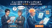 ニューロマーケティングの概念図。従来の営業手法で反応しなかったBtoB決裁者の脳が、脳科学的なアプローチ（視覚刺激や損失回避の訴求）によって活性化し、契約行動を起こす様子を表現。