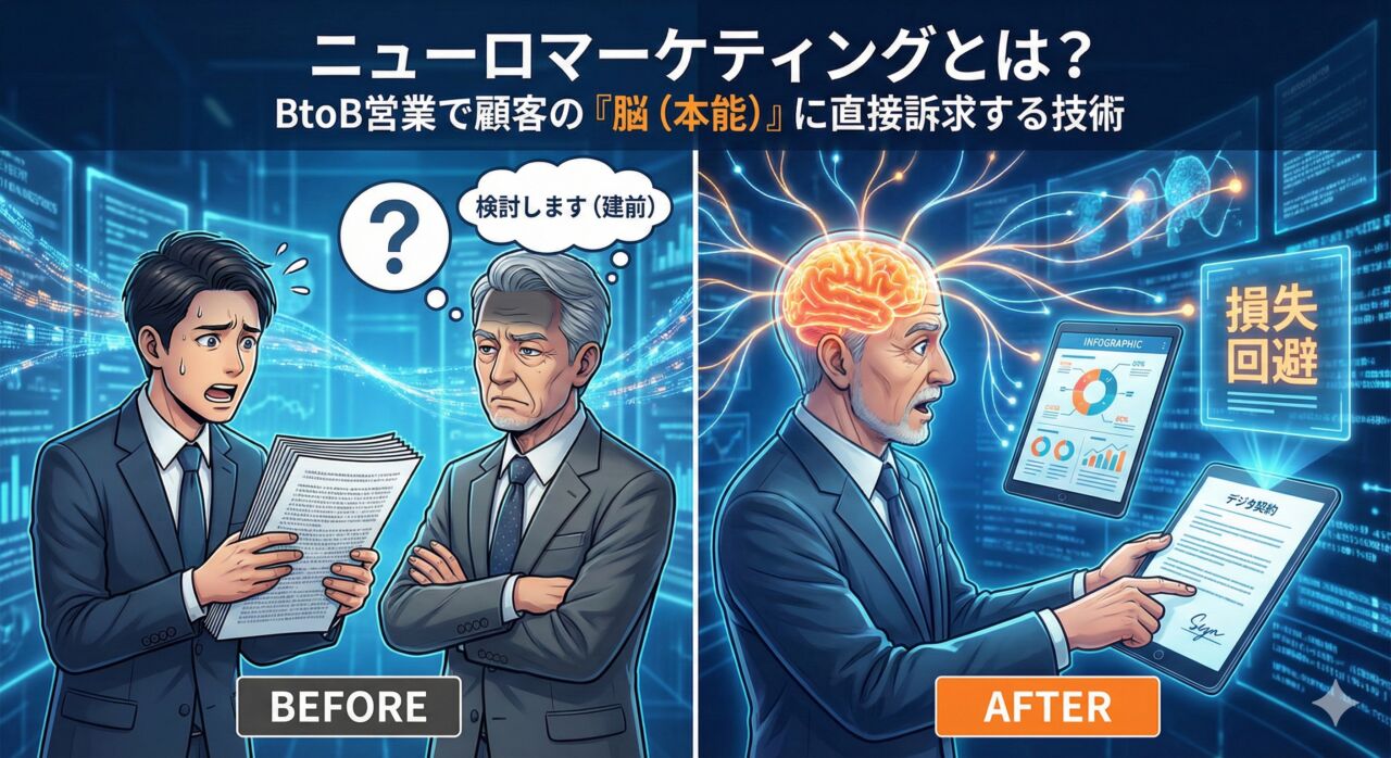 ニューロマーケティングの概念図。従来の営業手法で反応しなかったBtoB決裁者の脳が、脳科学的なアプローチ（視覚刺激や損失回避の訴求）によって活性化し、契約行動を起こす様子を表現。