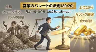 大量の雑務（8割の無駄）に埋もれていた営業マンが、少数の優良顧客（2割の金の鉱脈）に気づき、選択と集中を行う様子を描いたパレートの法則のアイキャッチ画像。