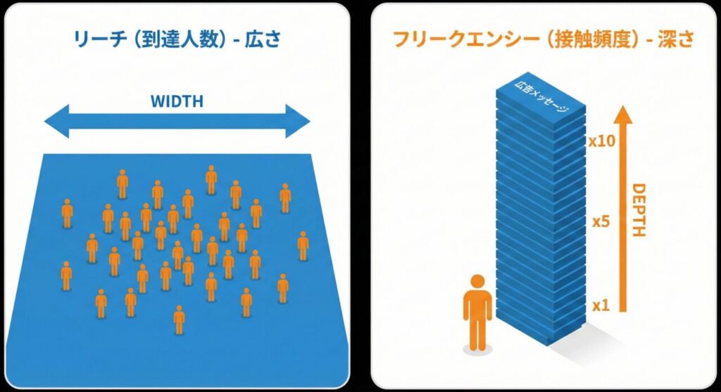 リーチとフリークエンシーの違いの図解。リーチは「横に広がる人数」、フリークエンシーは「縦に積み重なる回数」であることを示したイラスト。