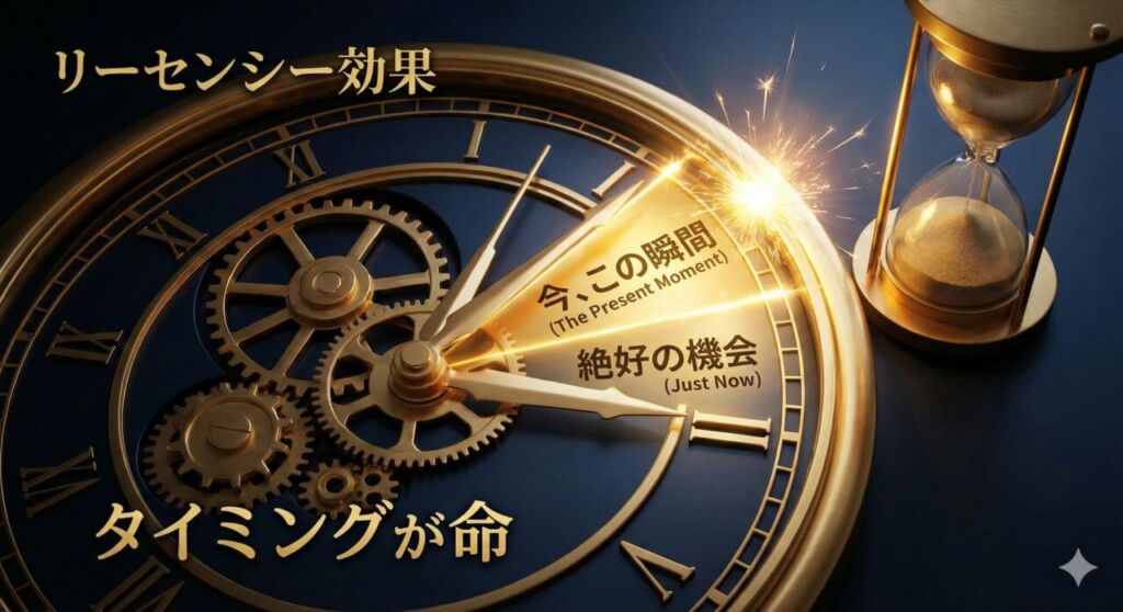 リーセンシー効果のイメージ。時計の針が「今」を指しており、その瞬間にチャンスの光が輝いている様子。
