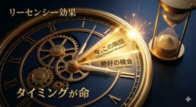 リーセンシー効果のイメージ。時計の針が「今」を指しており、その瞬間にチャンスの光が輝いている様子。