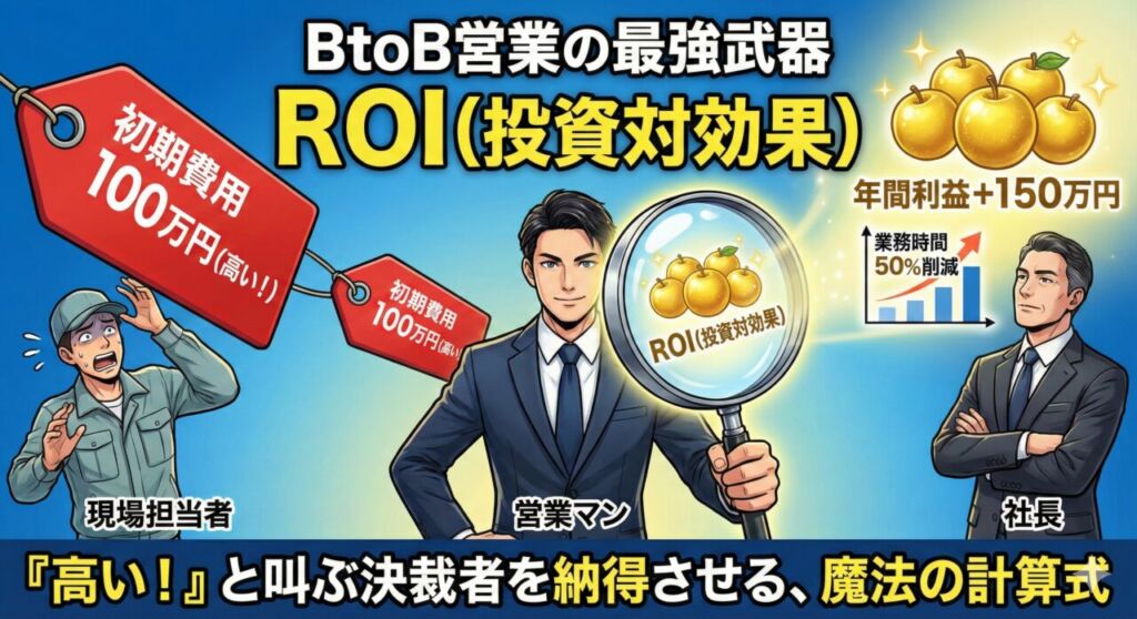 価格しか見ていない現場担当者と、将来の利益を見ている決裁者の間に立ち、ROIというレンズを通して「コスト」を「リターン」に変換して見せるBtoB営業マンのアイキャッチ画像。