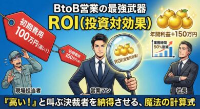 価格しか見ていない現場担当者と、将来の利益を見ている決裁者の間に立ち、ROIというレンズを通して「コスト」を「リターン」に変換して見せるBtoB営業マンのアイキャッチ画像。