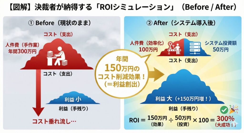 システム導入前（Before）と導入後（After）のコストと利益を比較したROIシミュレーション図解。導入によって人件費が削減され、最終的な利益が年間150万円増加する様子を可視化している。