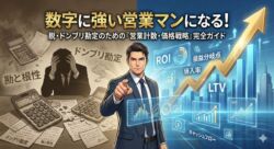 ドンブリ勘定から卒業し、ROIや損益分岐点などの数字を武器にして、経営者視点を持った強い営業マンへと進化する様子を描いた、営業計数完全ガイドのアイキャッチ画像。