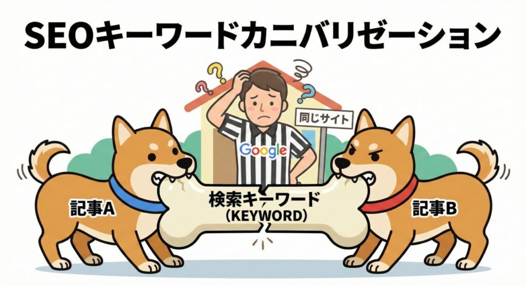 SEOカニバリゼーションの図解イラスト。1つの骨(検索キーワード)を巡って、同じ家の2匹の犬(記事Aと記事B)が綱引きのように引っ張り合いをしており、審判(Google検索エンジン)がどちらを勝者にするか困惑している様子。