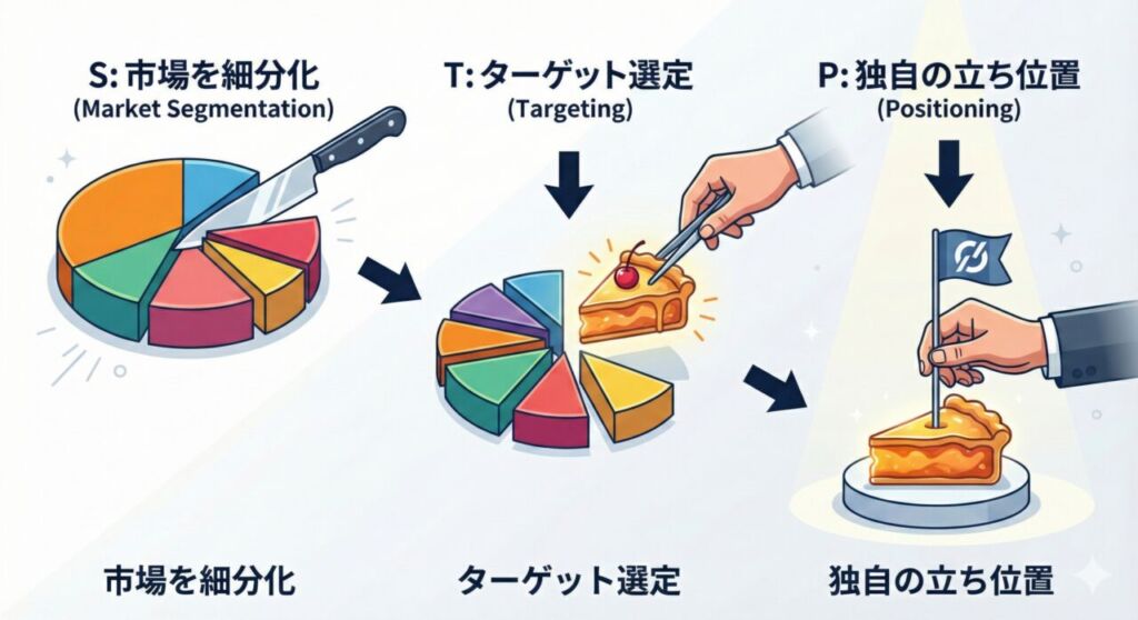STP分析のイメージ図。セグメンテーションで市場を分け、ターゲティングで絞り、ポジショニングで旗を立てる。