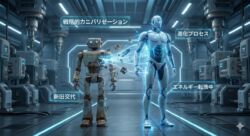 ビジネスにおける戦略的カニバリゼーションのイメージイラスト。旧型のロボットからエネルギーが供給され、新型のロボットがより強力に進化している様子。「古いものを犠牲にして新しい市場を創造する」というポジティブな側面を表現。