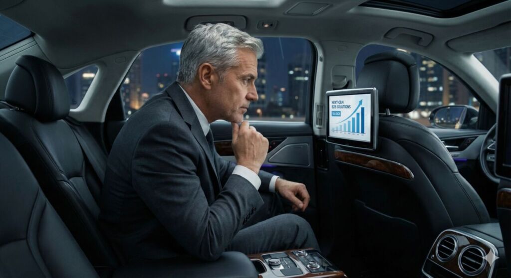 タクシーの後部座席でデジタルサイネージ広告を見る経営者・決裁者。