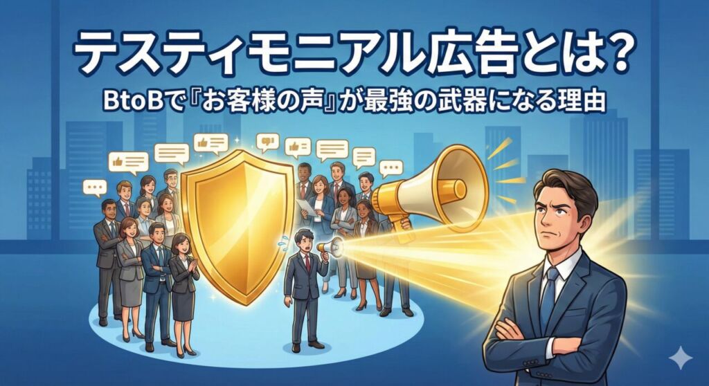テスティモニアル広告の概念図。一人の営業マンを多数の顧客の声が支え、大きな信頼のパワーとなって見込み客の不安を解消している様子。