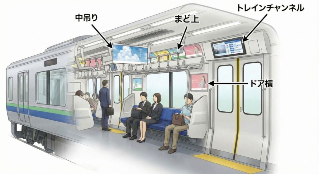 電車内の広告メディア配置図:中吊り、まど上、ドア横、トレインチャンネルの位置関係