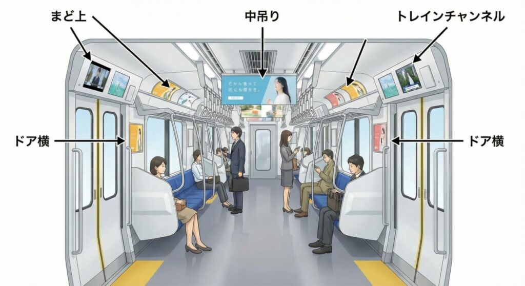 電車内広告の配置図。中吊り、まど上、ドア横、トレインチャンネルの位置関係。