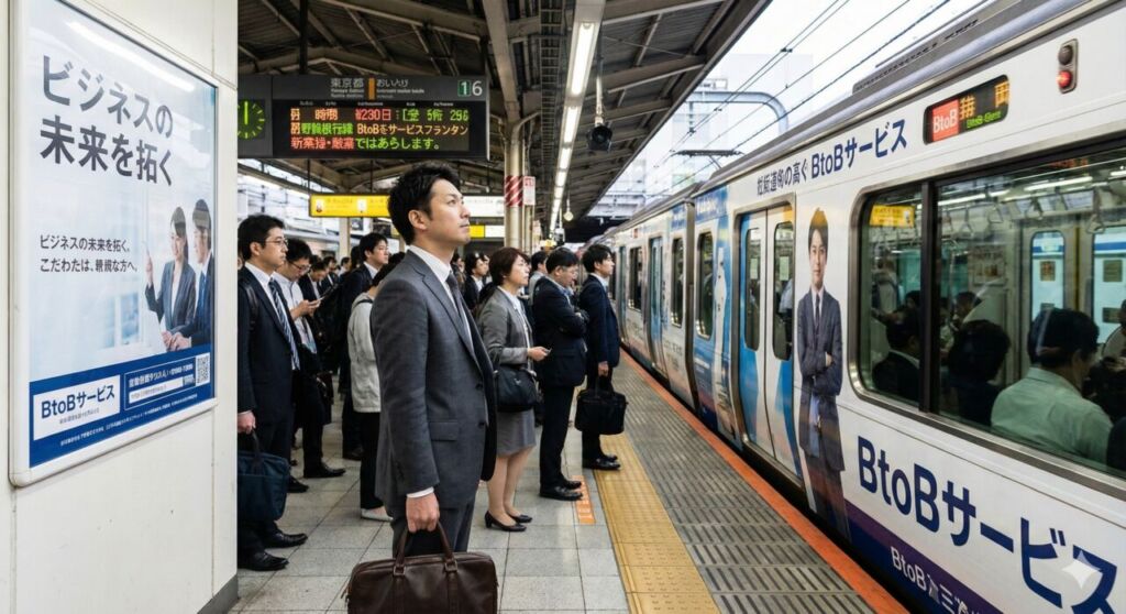 朝の通勤ラッシュの駅ホームで交通広告を見上げるビジネスマン