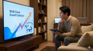 リビングでテレビを見ているビジネスパーソンと、画面に映るビジネス系CMのイメージ