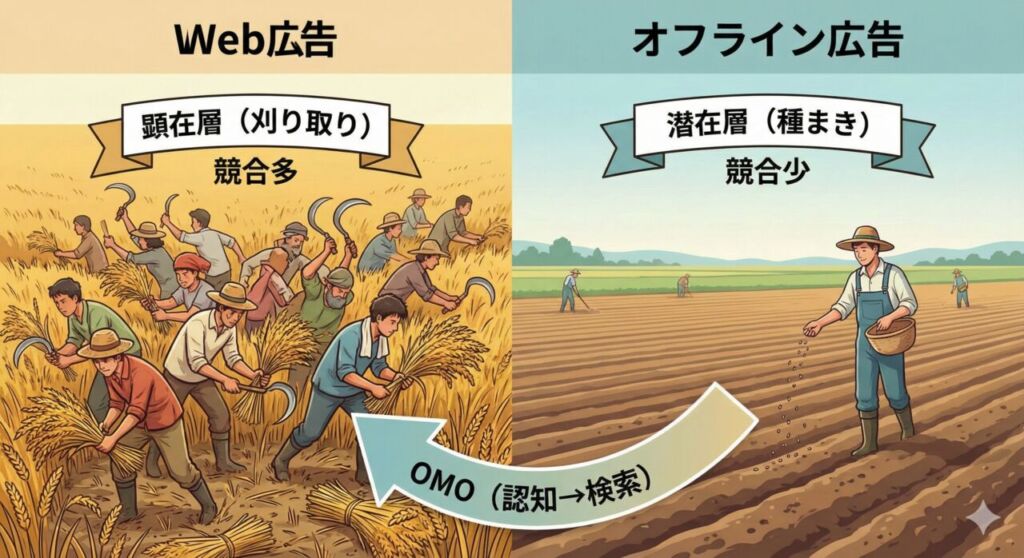 Web広告(顕在層の刈り取り)とオフライン広告(潜在層への種まき)の役割の違い。